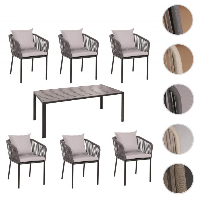 Gartengarnitur HWC-N41, Tisch+6xStuhl, wetterfest Alu 180x80cm, Seilgeflecht Rope ~ anthrazit Kissen grau