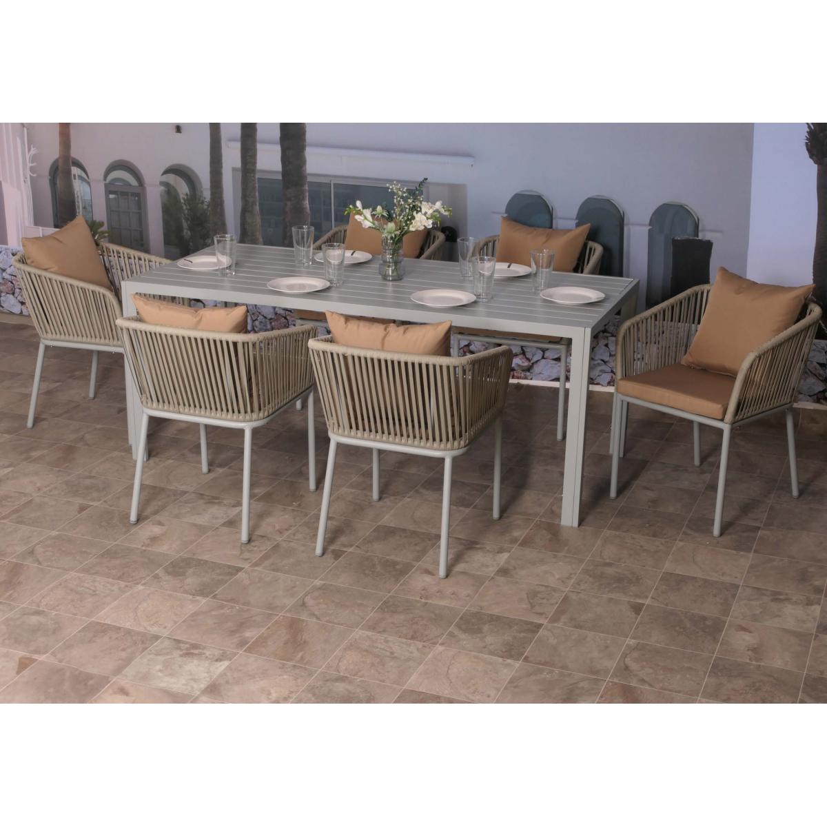 Gartengarnitur HWC-N41, Tisch+6xStuhl, wetterfest Alu 180x80cm, Seilgeflecht Rope ~ grau Kissen taupe