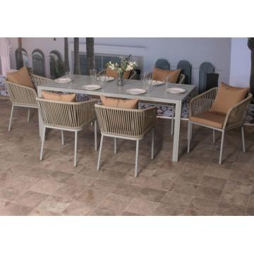 Gartengarnitur HWC-N41, Tisch+6xStuhl, wetterfest Alu 180x80cm, Seilgeflecht Rope ~ hellgrau Kissen taupe