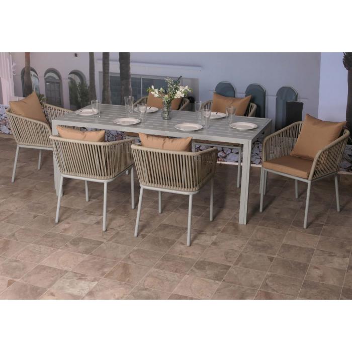 Gartengarnitur HWC-N41, Tisch+6xStuhl, wetterfest Alu 180x80cm, Seilgeflecht Rope ~ grau Kissen taupe