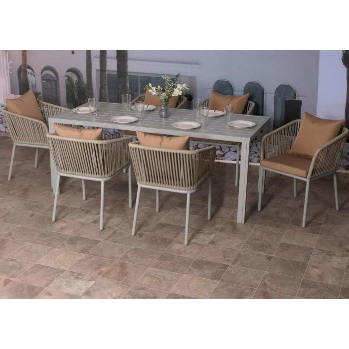 Gartengarnitur HWC-N41, Tisch+6xStuhl, wetterfest Alu 180x80cm, Seilgeflecht Rope ~ grau Kissen taupe