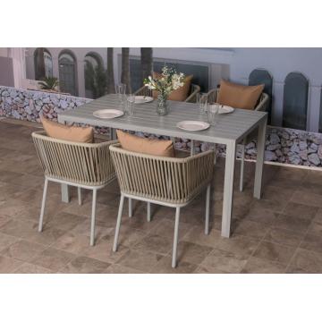 Gartengarnitur HWC-N41, Tisch+4xStuhl, wetterfest Alu 140x80cm, Seilgeflecht Rope ~ hellgrau Kissen taupe