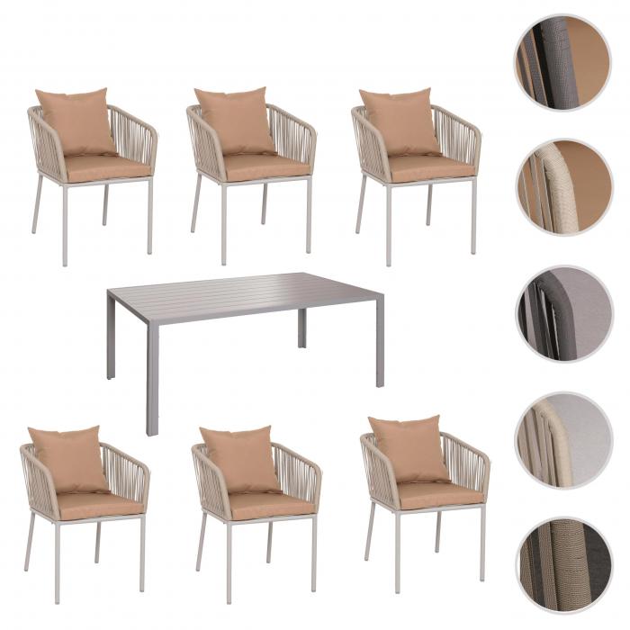 Gartengarnitur HWC-N41, Tisch+6xStuhl, wetterfest Alu 180x80cm, Seilgeflecht Rope ~ grau Kissen taupe