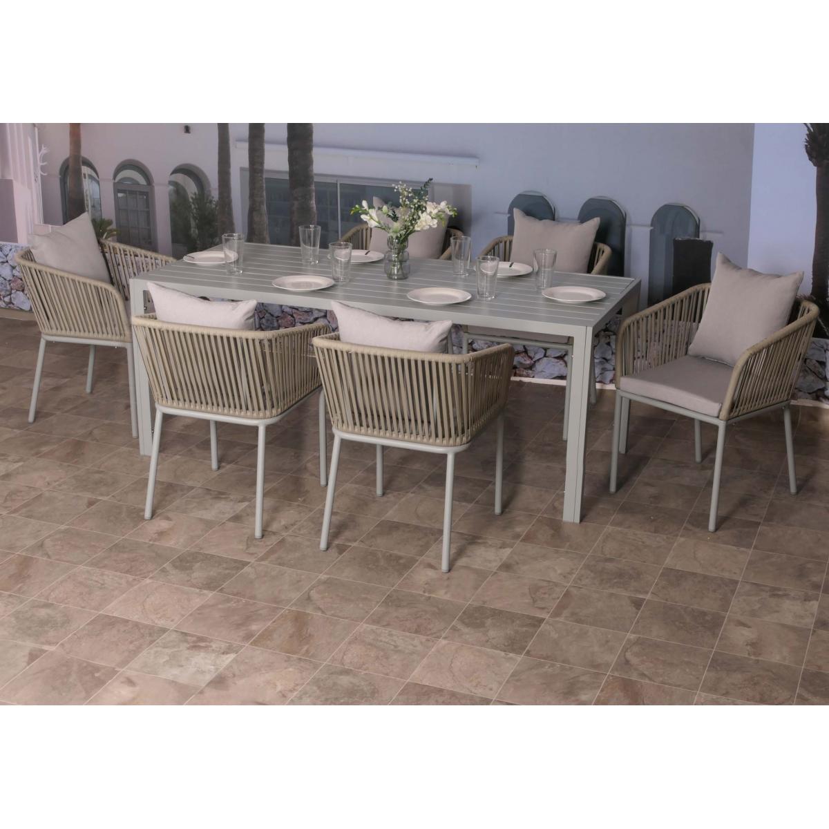 Gartengarnitur HWC-N41, Tisch+6xStuhl, wetterfest Alu 180x80cm, Seilgeflecht Rope ~ grau Kissen grau