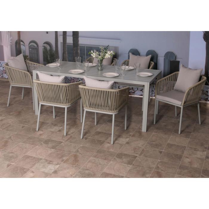 Gartengarnitur HWC-N41, Tisch+6xStuhl, wetterfest Alu 180x80cm, Seilgeflecht Rope ~ grau Kissen grau