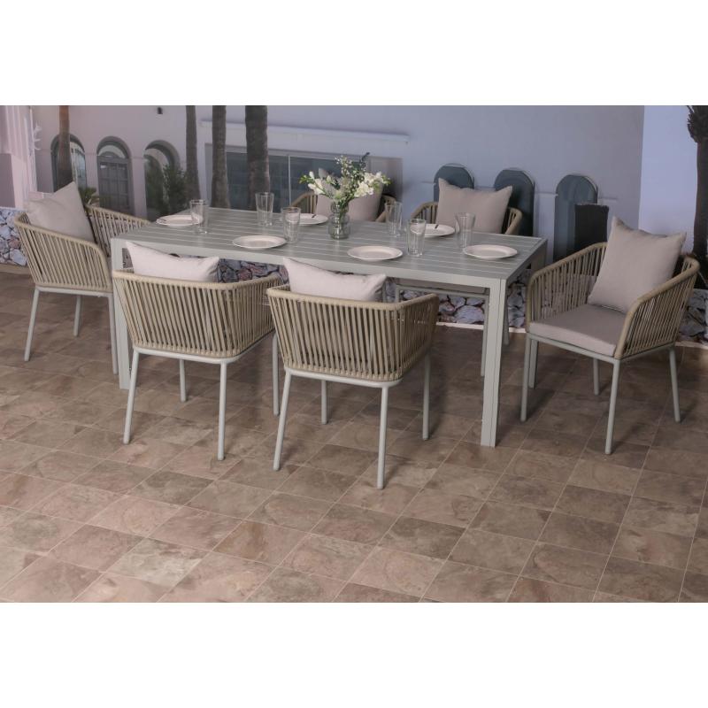 Gartengarnitur HWC-N41, Tisch+6xStuhl, wetterfest Alu 180x80cm, Seilgeflecht Rope ~ grau Kissen grau