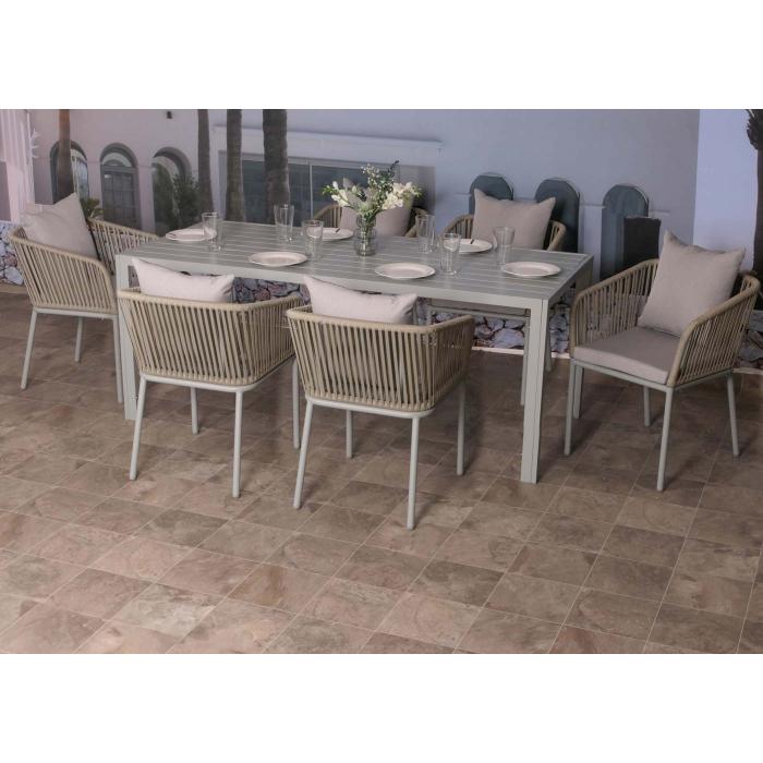 Gartengarnitur HWC-N41, Tisch+6xStuhl, wetterfest Alu 180x80cm, Seilgeflecht Rope ~ grau Kissen grau