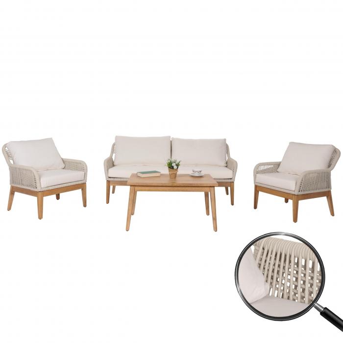 Gartengarnitur HWC-H56b, Lounge-Set Gartenlounge Sofa Sessel Tisch, Seilgeflecht Rope Holz Akazie ~ creme