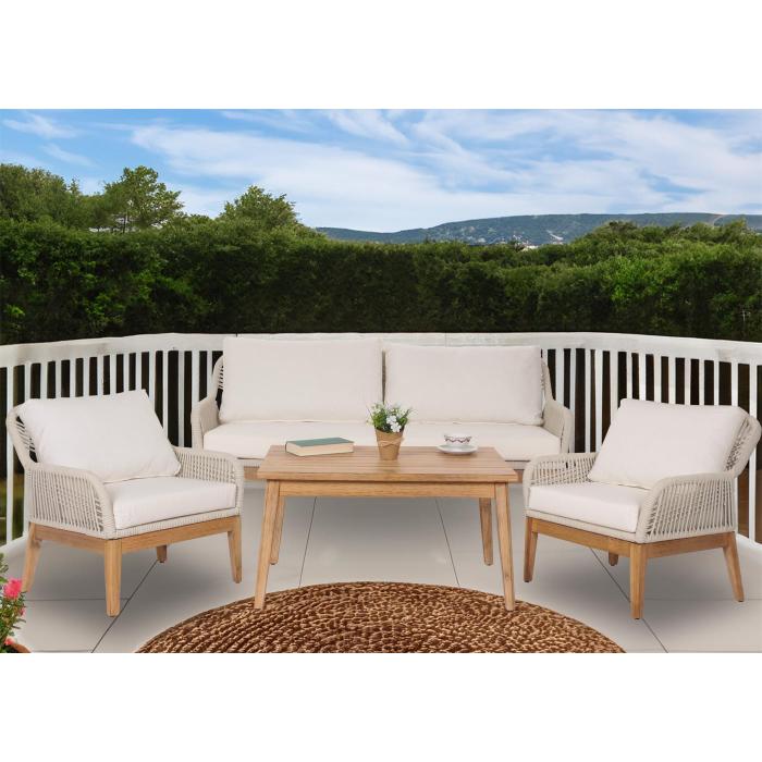 Gartengarnitur HWC-H56b, Lounge-Set Gartenlounge Sofa Sessel Tisch, Seilgeflecht Rope Holz Akazie ~ creme