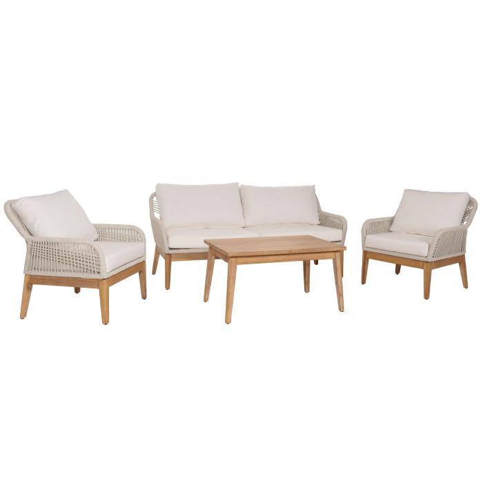 Gartengarnitur HWC-H56b, Lounge-Set Gartenlounge Sofa Sessel Tisch, Seilgeflecht Rope Holz Akazie ~ creme