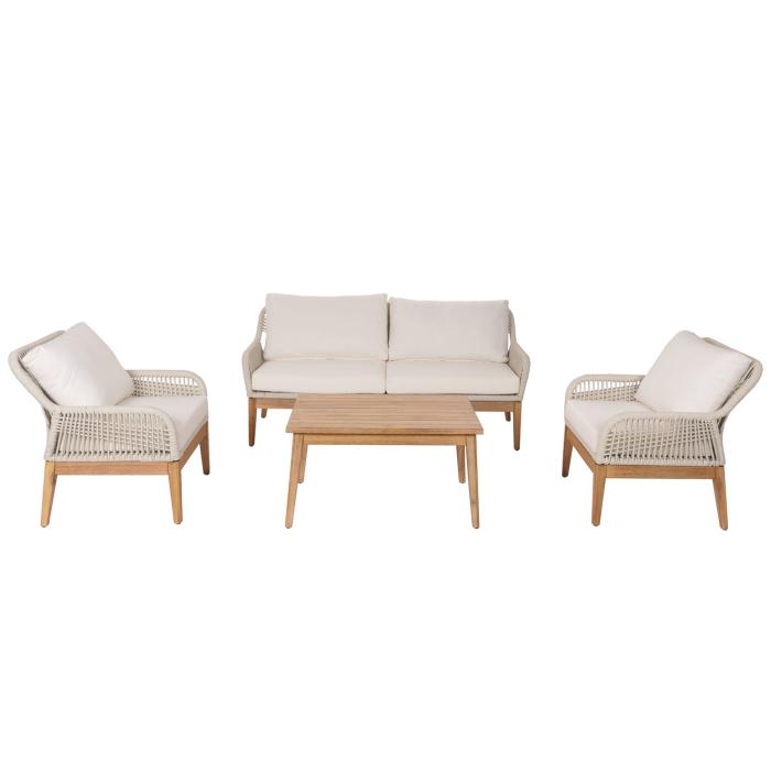 Gartengarnitur HWC-H56b, Lounge-Set Gartenlounge Sofa Sessel Tisch, Seilgeflecht Rope Holz Akazie ~ creme