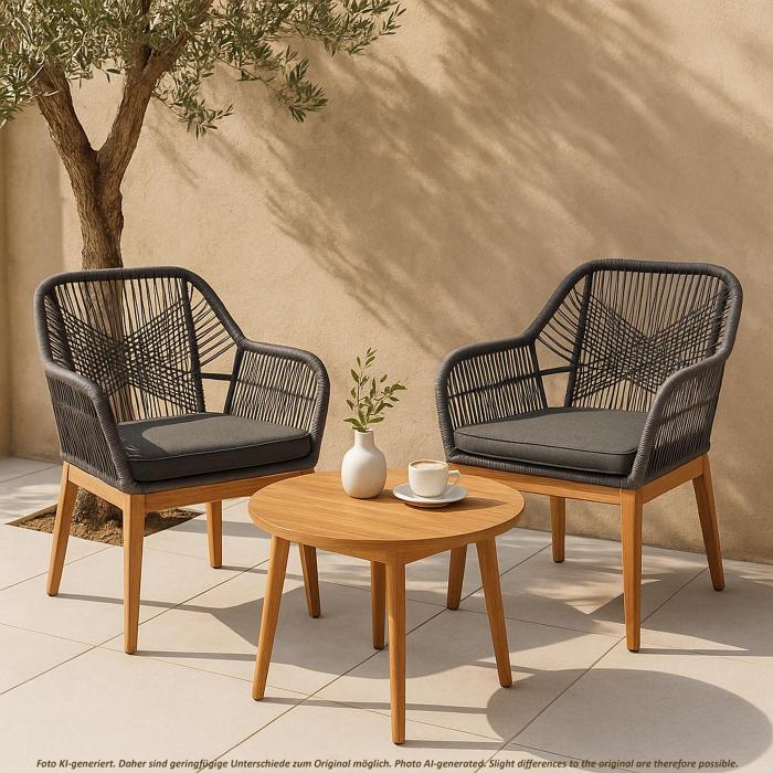 Gartenstuhl HWC-H56b, Sessel Outdoor Stuhl, wetterfest Seilgeflecht Rope Holz Akazie ~ grau Kissen anthrazit