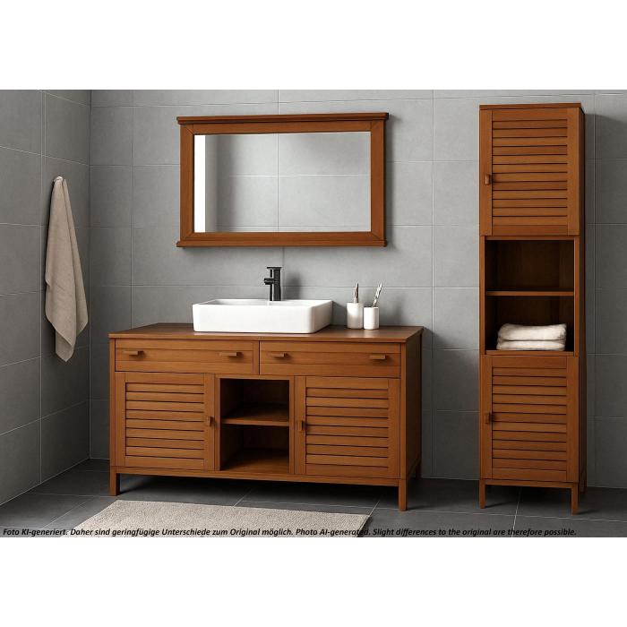 Teak-Badezimmer-Set HWC-M87, Waschtisch Hochschrank Wandspiegel Badezimmer, hochwertiges B-Grade-Teak