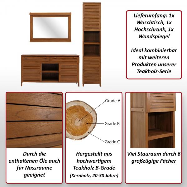 Foto mit wichtigsten Merkmalen des Produktes Teak-Badezimmer-Set HWC-M87, Waschtisch Hochschrank Wandspiegel Badezimmer, hochwertiges B-Grade-Teak