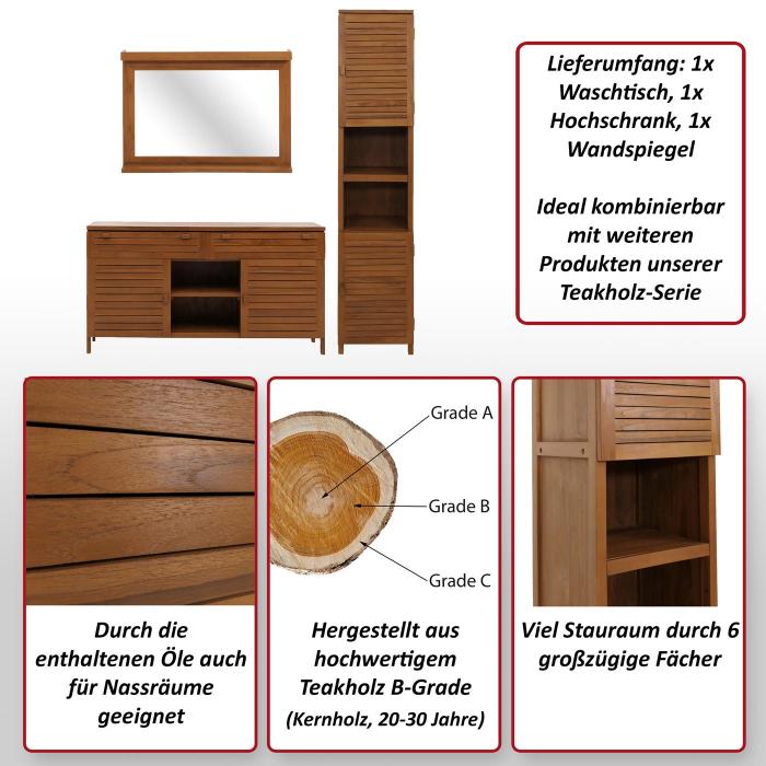 Teak-Badezimmer-Set HWC-M87, Waschtisch Hochschrank Wandspiegel Badezimmer, hochwertiges B-Grade-Teak