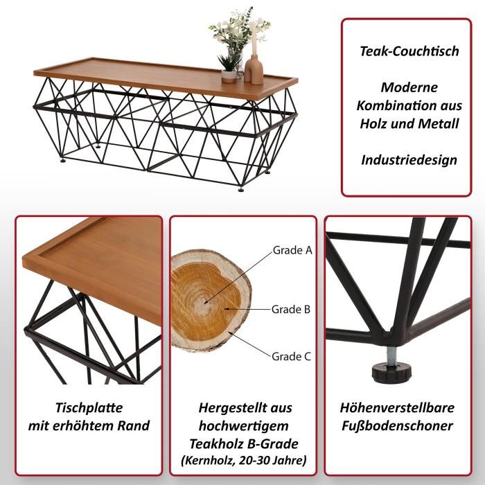 B-Ware (Kratzer/Lackabplatzung SK3) | Teak-Couchtisch HWC-M96, Beistelltisch Tisch, B-Grade-Teak Industrial 53x132x61cm