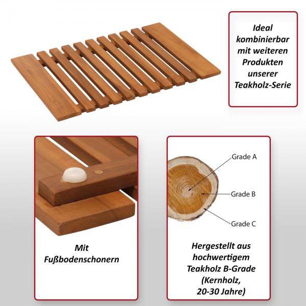 Foto mit wichtigsten Merkmalen des Produktes Teak-Fußmatte HWC-N10, Duschmatte Badematte, hochwertiges B-Grade-Teak (Kernholz, 20-30 Jahre), 4x60x40cm Foto mit wichtigsten Merkmalen des Produktes Teak-Fußmatte HWC-N10, Duschmatte Badematte, hochwertiges B-Grade-Teak (Kernholz, 20-30 Jahre), 4x60x40cm