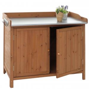 Gartenschrank mit Arbeitsplatte HWC-L69, Pflanztisch, Outdoor Tanne Holz FSC-zertifiziert 86x104x52cm ~ braun