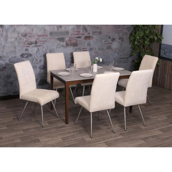 2er-Set Esszimmerstuhl HWC-G55, Kchenstuhl Lehnstuhl, Edelstahl gebrstet Stoff/Textil Chenille ko-Tex ~ creme