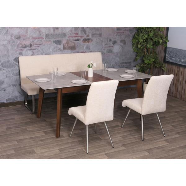 Esszimmer-Set HWC-G55, 2er-Set Stuhl + Sitzbank 180cm, Edelstahl gebrstet Stoff/Textil Chenille ~ creme