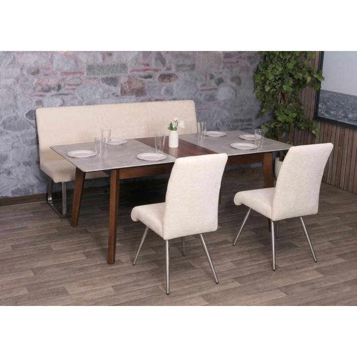 Esszimmer-Set HWC-G55, 2er-Set Stuhl + Sitzbank 180cm, Edelstahl gebrstet Stoff/Textil Chenille ~ creme