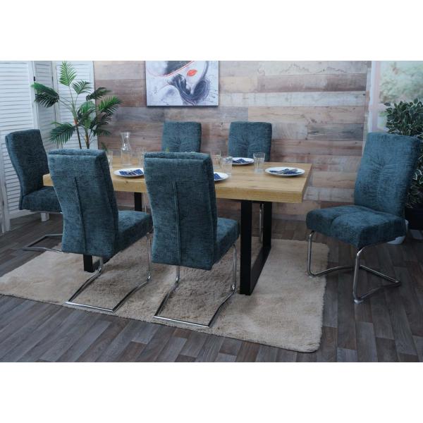 2er-Set Esszimmerstuhl HWC-G56, Kchenstuhl Freischwinger Stuhl Lehnstuhl, Metall Stoff/Textil Chenille ~ blau-grn