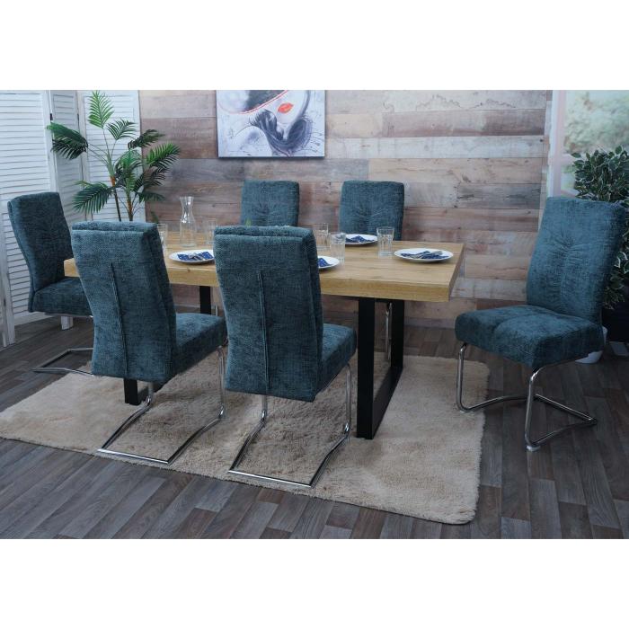2er-Set Esszimmerstuhl HWC-G56, Kchenstuhl Freischwinger Stuhl Lehnstuhl, Metall Stoff/Textil Chenille ~ blau-grn