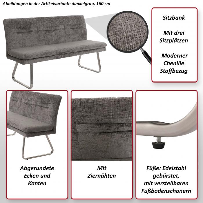 Retourenware | Sitzbank HWC-H70, Esszimmerbank Polsterbank, Lehne Stoff Chenille Edelstahl gebrstet 160cm ~ dunkelgrau