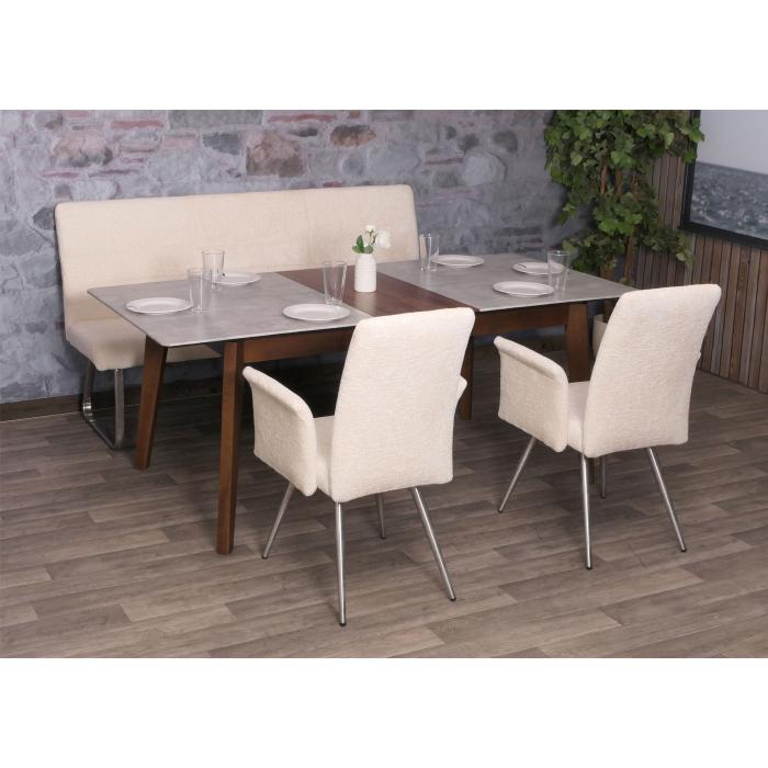 Esszimmer-Set HWC-G55, 2er-Set Stuhl mit Armlehne+Sitzbank 180cm, Edelstahl gebrstet Stoff/Textil Chenille ~ creme