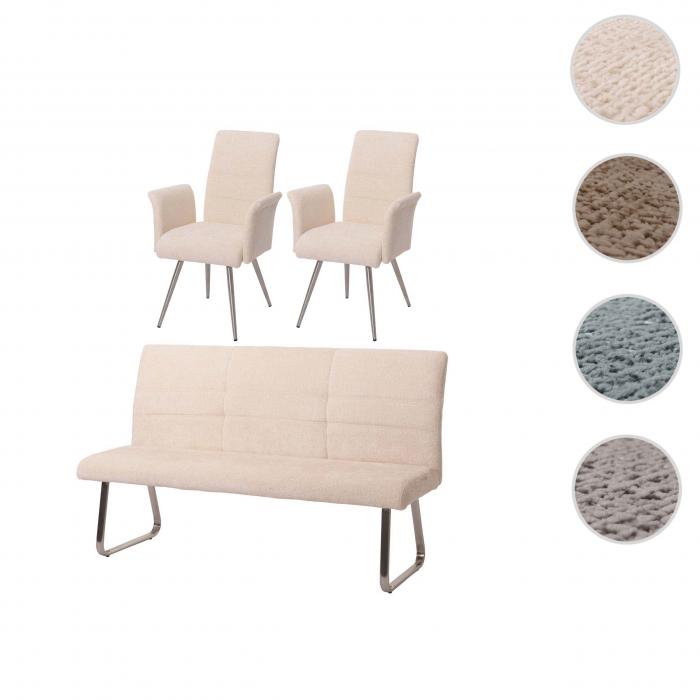 Esszimmer-Set HWC-G55, 2er-Set Stuhl mit Armlehne+Sitzbank 180cm, Edelstahl gebrstet Stoff/Textil Chenille ~ creme