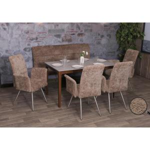 Esszimmer-Set HWC-G55, 4er-Set Stuhl mit Armlehne+Sitzbank 160cm, Edelstahl gebrstet Stoff/Textil Chenille ~ braun
