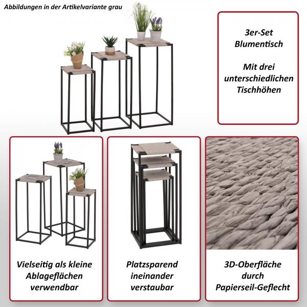 3er-Set Blumentisch HWC-N70, Beistelltisch Tisch Blumenstnder Ablage, stapelbar, Metall Papierseil ~ naturfarben