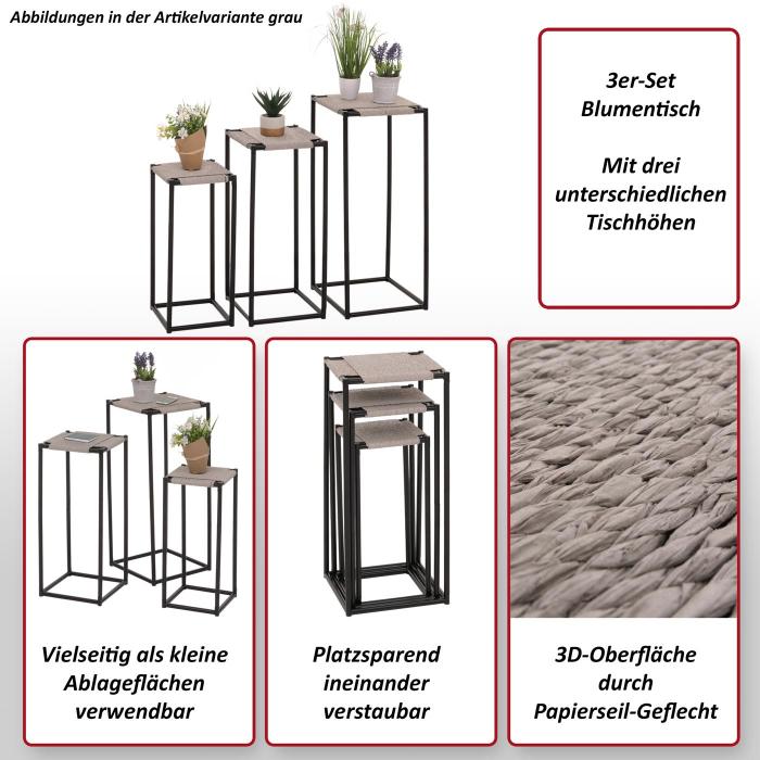 3er-Set Blumentisch HWC-N70, Beistelltisch Tisch Blumenstnder Ablage, stapelbar, Metall Papierseil ~ naturfarben
