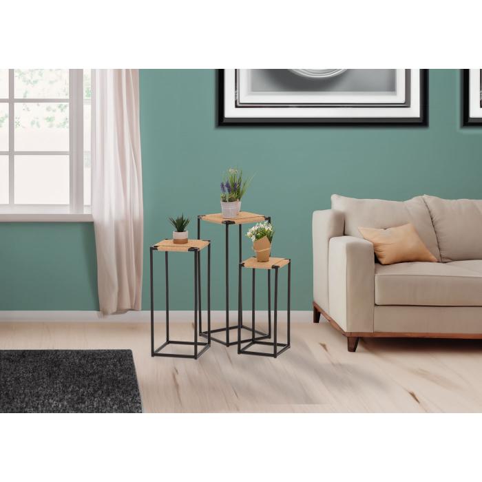 3er-Set Blumentisch HWC-N70, Beistelltisch Tisch Blumenstnder Ablage, stapelbar, Metall Papierseil ~ naturfarben