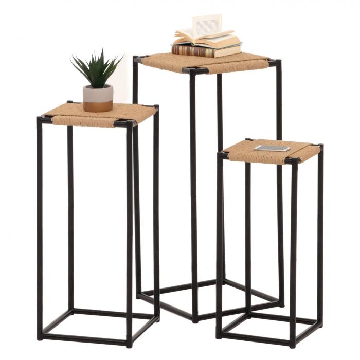 3er-Set Blumentisch HWC-N70, Beistelltisch Tisch Blumenstnder Ablage, stapelbar, Metall Papierseil ~ naturfarben