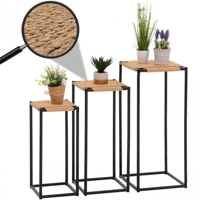 3er-Set Blumentisch HWC-N70, Beistelltisch Tisch Blumenstnder Ablage, stapelbar, Metall Papierseil ~ naturfarben