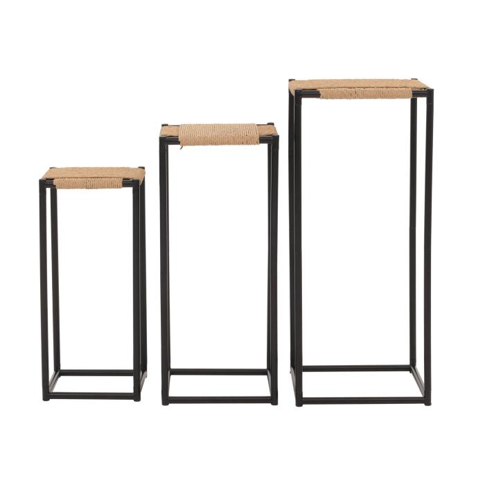 3er-Set Blumentisch HWC-N70, Beistelltisch Tisch Blumenstnder Ablage, stapelbar, Metall Papierseil ~ naturfarben