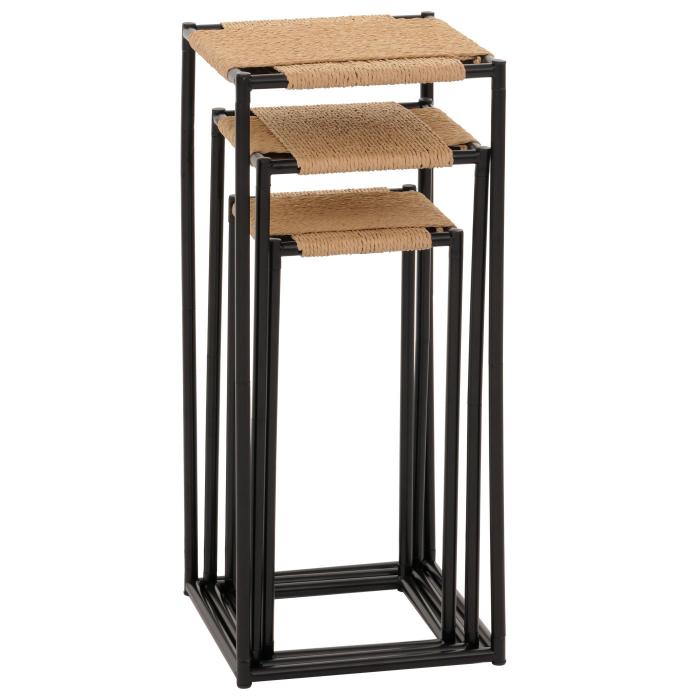 3er-Set Blumentisch HWC-N70, Beistelltisch Tisch Blumenstnder Ablage, stapelbar, Metall Papierseil ~ naturfarben