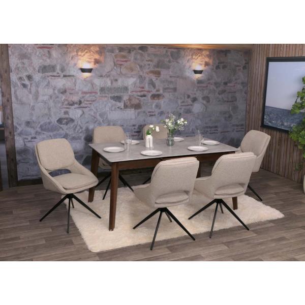 6er-Set Esszimmerstuhl HWC-N73, Kchenstuhl, drehbar Auto-Return, Stoff/Textil Boucle (540g/m) ko-Tex ~ beige