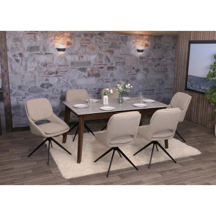 6er-Set Esszimmerstuhl HWC-N73, Kchenstuhl, drehbar Auto-Return, Stoff/Textil Boucle (540g/m) ko-Tex ~ beige