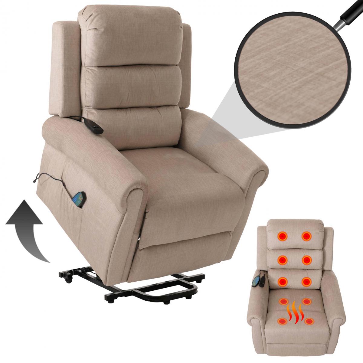 Fernsehsessel HWC-K63, Relaxsessel, Liegefunktion Aufstehhilfe Massage Heizfunktion, Stoff 220g/m Chenille ~ creme