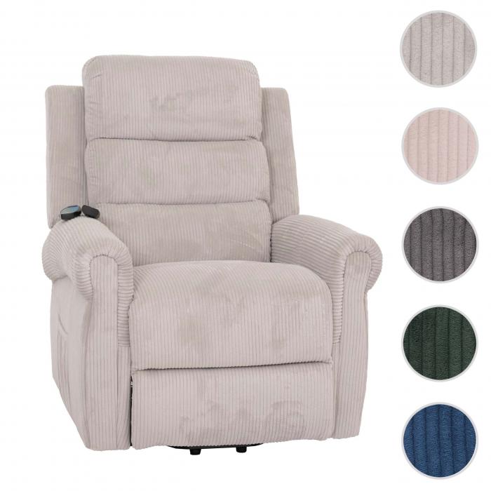 Fernsehsessel HWC-K63, Relaxsessel, Liegefunktion Aufstehhilfe Massage Heizfunktion, Stoff (220g/m) Cord ~ hellgrau