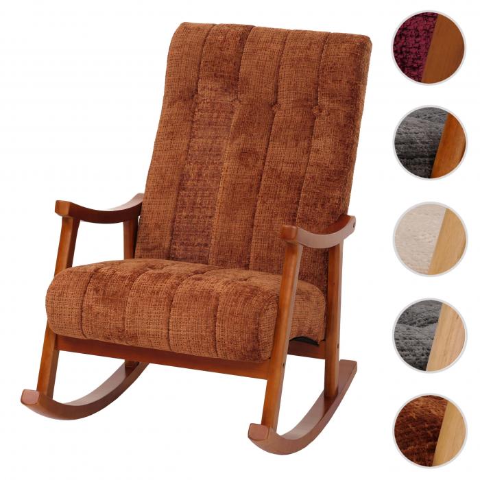 Schaukelstuhl HWC-K10, Relaxsessel, Holz FSC Stoff/Textil Chenille (465g/m) ~ terrakotta, Gestell Walnuss-Optik