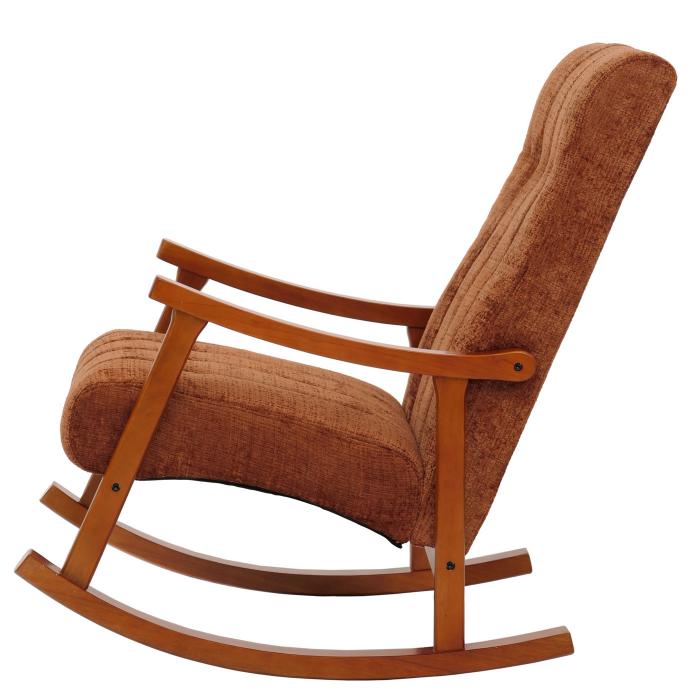 Schaukelstuhl HWC-K10, Relaxsessel, Holz FSC Stoff/Textil Chenille (465g/m) ~ terrakotta, Gestell Walnuss-Optik