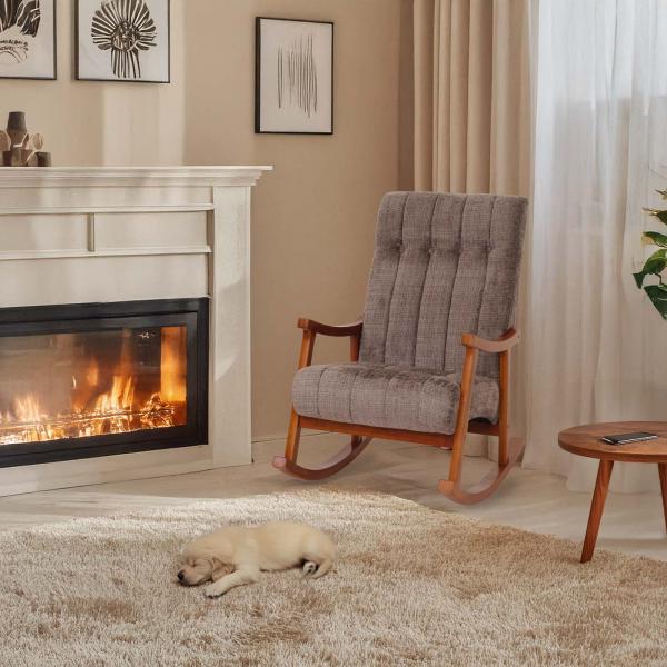 Schaukelstuhl HWC-K10, Relaxsessel, Holz FSC Stoff/Textil Chenille (465g/m) ~ braun, Gestell Walnuss-Optik
