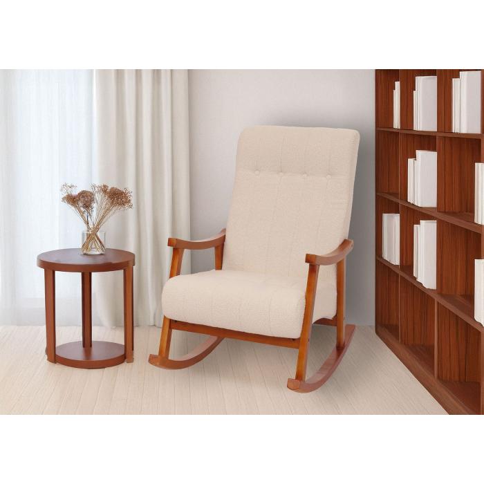 Schaukelstuhl HWC-K10, Relaxsessel, Holz FSC Stoff/Textil Boucl (450g/m) ~ creme, Gestell Walnuss-Optik