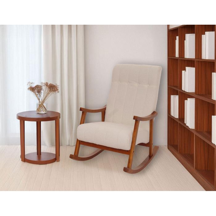 Schaukelstuhl HWC-K10, Relaxsessel, Holz FSC Stoff/Textil Boucl (450g/m) ~ beige, Gestell Walnuss-Optik