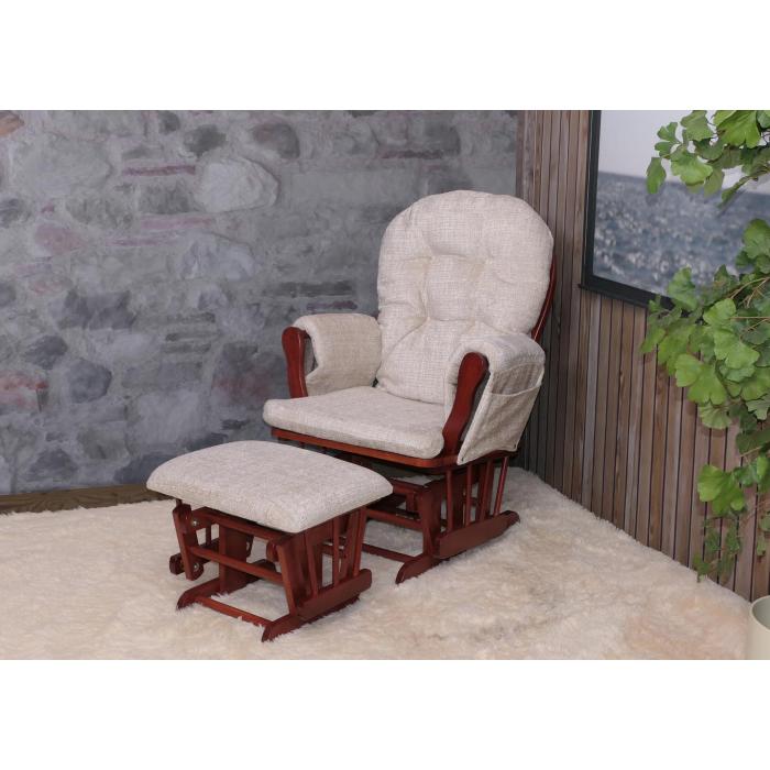 Relaxsessel HWC-C76, Schaukelstuhl Schwingstuhl mit Hocker Stoff Chenille (465g/m) ko-Tex ~ creme, Gestell dunkel