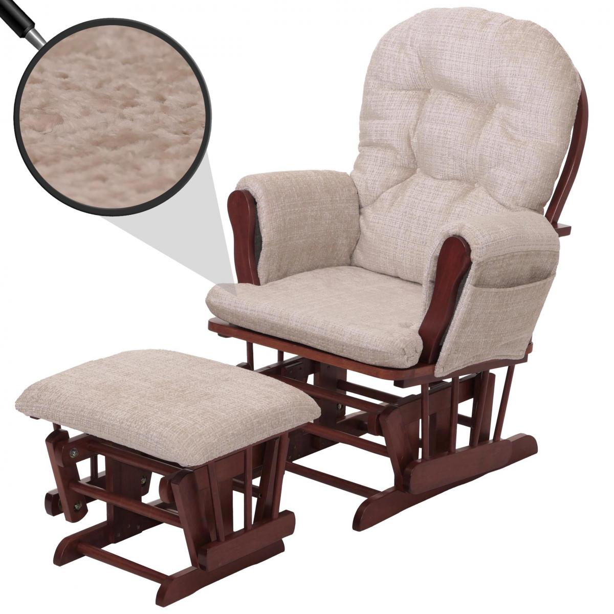 Relaxsessel HWC-C76, Schaukelstuhl Schwingstuhl mit Hocker Stoff Chenille (465g/m) ko-Tex ~ creme, Gestell dunkel