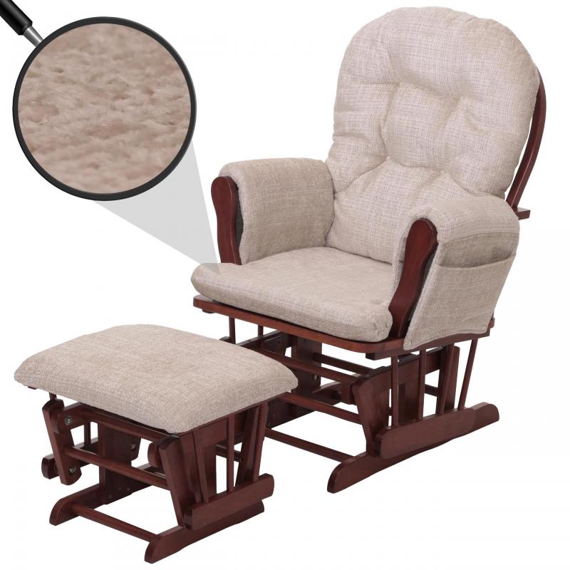Relaxsessel HWC-C76, Schaukelstuhl Schwingstuhl mit Hocker Stoff Chenille (465g/m) ko-Tex ~ creme, Gestell dunkel